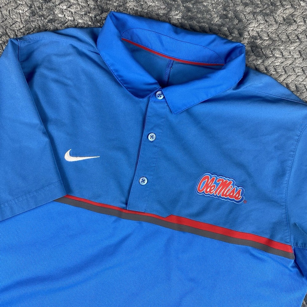 Nike Ole Miss Rebels Polo Shirt Mens X-Large Blue Dri Fit On Field Short Sleeve